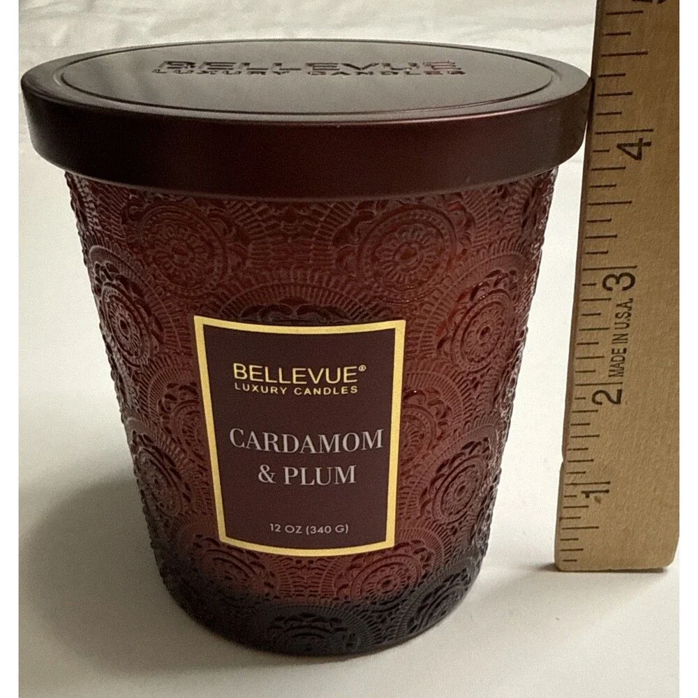 Bellevue Candle Cardamom & Plum Bergamot Embossed Red Soy Blend 2 Wick 12 Oz New